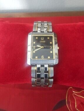 CITIZEN TWO TONE RETANGULAR WATCH WITH BLACK DIAL